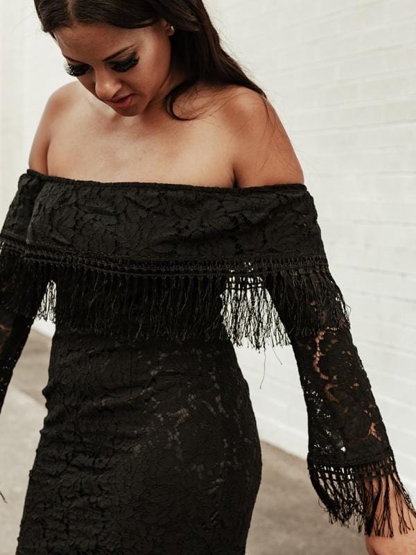 accessories for off shoulder black dress Lovers & Fringe Black Dress Medium